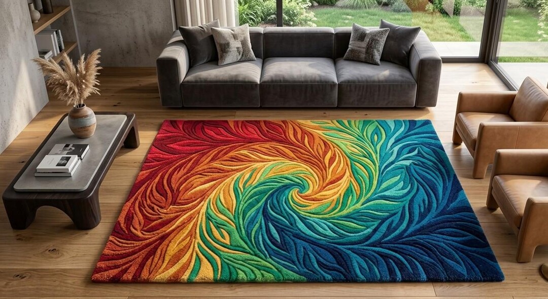 Hand Tufted Rainbow Spiral Wool Rug, 8x10 Rug Abstract Colorful Area ...