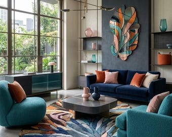 Handmade Abstract Leaf Tufted Wool Rug, Modern Organic Shape Rug, 100% New Zealand Wool Area Rug, Contemporary Living Room, Custom Size Rug