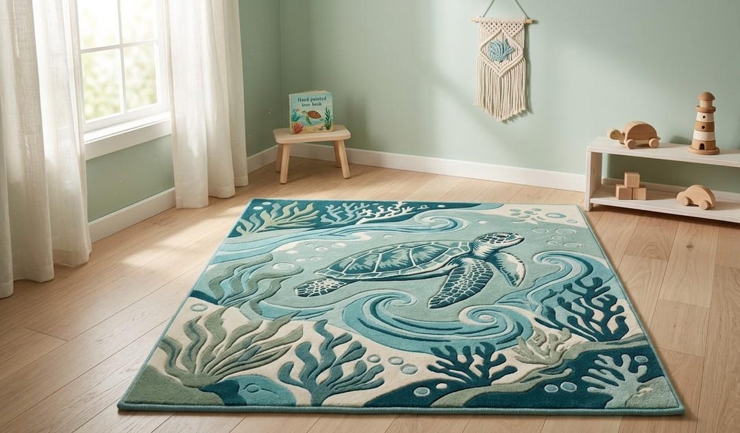 Sea Turtle Wool Rug, Ocean Themed Kids Room Rug, Handmade Tufted Area ...