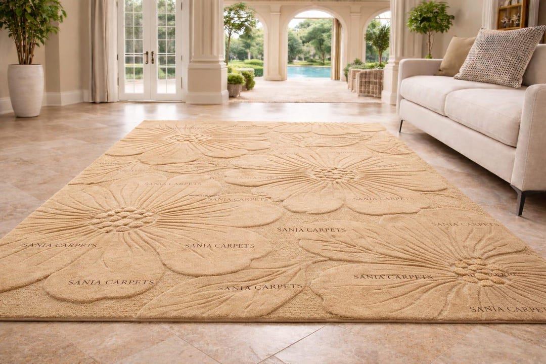 Beige Floral Hand Tufted Rug | 3D Flower Pattern Area Rug | Modern ...