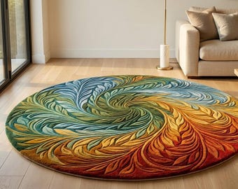 Handmade Round Wool Rug, Abstract Leaf Swirl Carpet, Modern Colorful Tufted Area Rug, Luxury 10x10 round Floor Rug, 100% New Zealand Wool