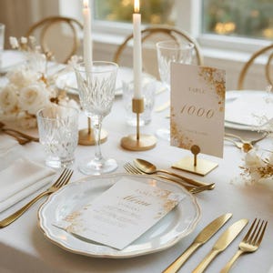 May include: Elegant table setting with white plates, gold cutlery, and crystal glassware. Lit candles and floral arrangements add to the ambiance. A menu card and table number card are also present, creating a sophisticated dining experience.