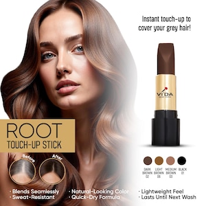 Może przedstawiać: Sztyft do retuszu odrostów firmy Vida New York, przeznaczony do pokrywania siwych włosów. Sztyft jest ciemnobrązowy z złotą i czarną podstawą. Obraz przedstawia kobietę z brązowymi włosami i tekstem "Natychmiastowa poprawka, aby pokryć siwe włosy!"