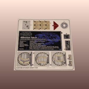 Op de afbeelding: Een aangepaste sticker met de Star Wars Millennium Falcon. De sticker bevat schema's, technische specificaties en illustraties van het iconische ruimteschip. De lengte is 34,75 meter.