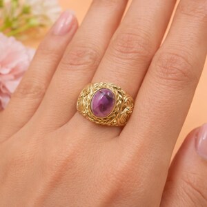 Gold Ruby Ring, Oval Pink Gemstone Ring, Vintage Style Gold Ring, Statement Ruby Ring, Antique Inspired Jewelry Gift For Her