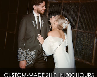 Forest Green Embroidered Suit Minimal Floral Line Art Wedding Groom Statement Outfit