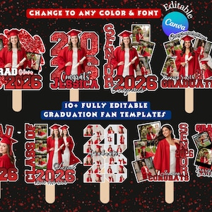 May include: A collection of graduation fan templates in red and white, featuring photos of graduates in caps and gowns. Text includes "Grad 2026", "Congrats Jessica", and "Graduate". The fans are on wooden sticks.