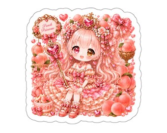 Peach Princess with Heart Wand Sticker | Kawaii Royal Fantasy Princess | Pink Anime Vinyl Sticker