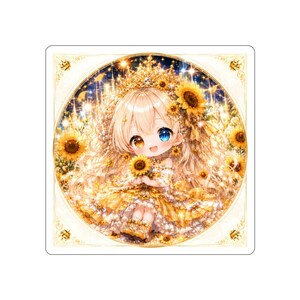 May include: A square sticker featuring a chibi-style character with long blonde hair, one amber eye, and one blue eye. The character wears a gold crown and a yellow dress, holding a sunflower. The background is a circular field of sunflowers.