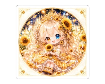 Sunflower Princess Portrait Sticker, Cute Chibi Floral Princess, Kawaii Vinyl Decal for Laptop & Journal