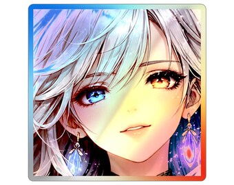 Pegatina cuadrada holográfica de ángel - Calcomanía estética de arte de diosa anime, primer plano de rostro iridiscente para laptop y diario, 3-5 pulgadas
