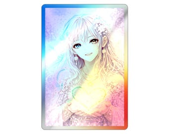 Pegatina holográfica de ángel Sakura - Chica anime en flor de cerezo, luz iridiscente rosa suave, fantasía primaveral