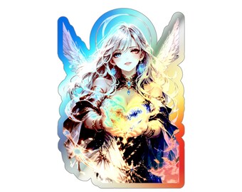 Pegatina holográfica de cuerpo entero de ángel, diosa celestial, vinilo troquelado, arte de anime fantástico, para portátil y botella de agua, 3-5 pulgadas