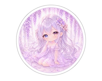 Wisteria Princess Chibi Sticker, Kawaii Fantasy Girl, Lavender Anime Princess, Cute Pastel Character, Heterochromia Art
