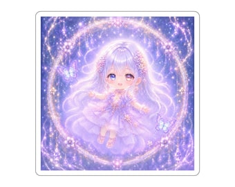 Pure Glow Chibi Sticker, Lavender Fantasy Anime Girl, Kawaii Pastel Magical Girl Art, Dreamy Glow Anime Sticker