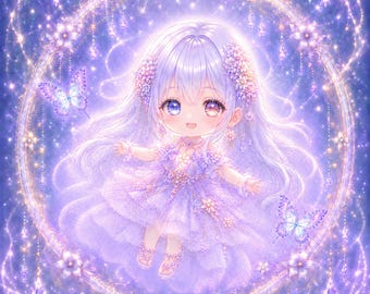 Pure Glow Chibi Holographic Sticker, Lavender Fantasy Anime Girl, Iridescent Kawaii Pastel Sticker, Magical Glow Girl Art