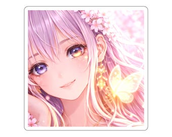 Anime Girl Sticker with Butterfly, Pink Hair, Cherry Blossom, Cute Aesthetic
