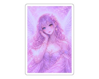 Chica ángel etérea con alas, arte fantástico en rosa suave, estilo anime de ensueño, pegatina estética kawaii.
