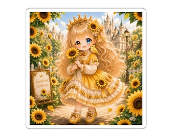 Sunflower Princess Vinyl Sticker, Cute Chibi Princess, Kawaii Flower Decal for Laptop, Journal & Water Bottle