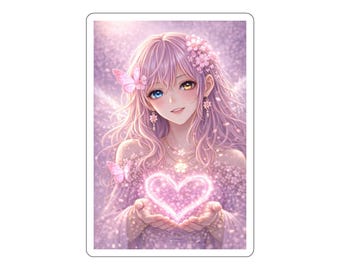 Pegatina de ángel Sakura - Chica anime japonesa en flor de cerezo, calcomanía troquelada de corazón celestial, arte fantástico estético rosa pastel