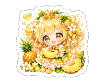 Pineapple Princess Sticker | Cute Kawaii Tropical Chibi Vinyl Sticker for Laptop, Water Bottle, Journal & Planner