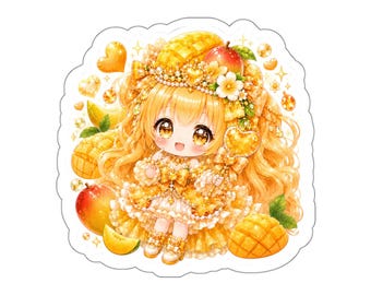 Mango Princess Die Cut Sticker, Cute Kawaii Anime Girl, Tropical Fruit Princess Vinyl Decal, Laptop Water Bottle Journal Sticker