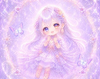 Pure Warm Chibi Holographic Sticker, Lavender Fantasy Anime Girl, Iridescent Kawaii Pastel Sticker, Dreamy Magical Girl Art