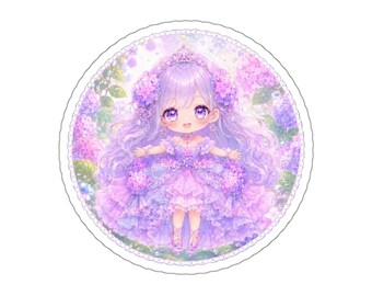 Hydrangea Princess Chibi Sticker | Cute Pastel Anime Girl | Kawaii Floral Fantasy Art