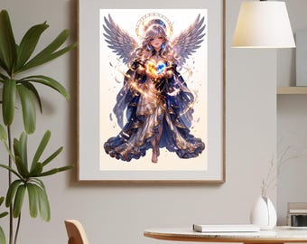 Angel Love Art Print, Healing Angel Poster, Spiritual Wall Art, Fantasy Angel Gift, Divine Feminine Decor, Blue Gold Angel Artwork