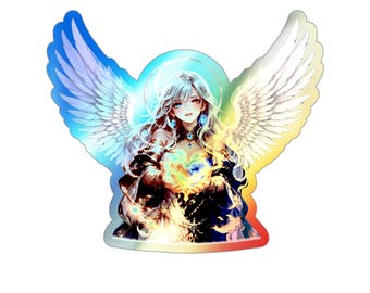 Holographic Angel Sticker - Fire and Ice Heart | Celestial Fantasy Goddess Die-Cut Vinyl