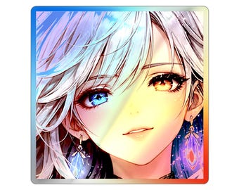Holographic Square Angel Sticker - Aesthetic Anime Goddess Art Card Decal, Iridescent Face Close-up for Laptop & Journal, 3-5in