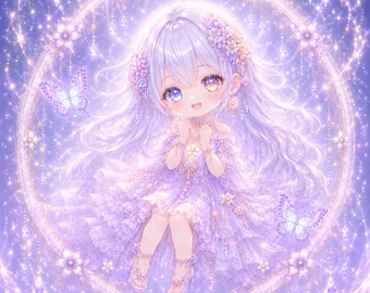 Pure Enchant Chibi Holographic Sticker, Lavender Fantasy Anime Girl, Iridescent Kawaii Pastel Sticker, Magical Girl Art