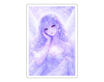 Chica ángel etérea, arte fantástico violeta suave, pegatina estética anime pastel de ensueño