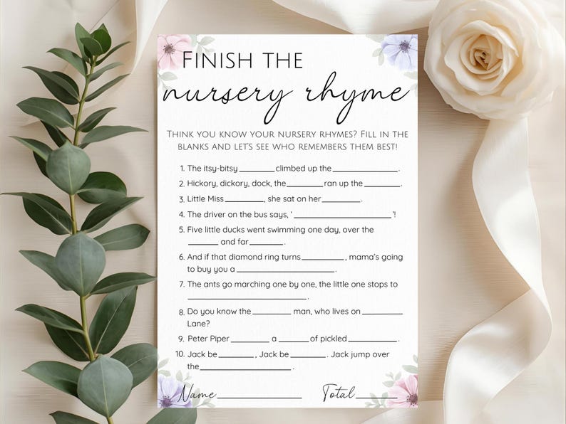 Baby in Bloom Finish the Nursery Rhyme – Baby Shower Game Printable ...