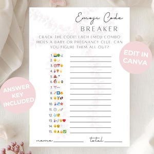 Emoji Code Breaker Baby Edition Stampabile – Gioco per baby shower, Design minimalista con fiocco botanico, Modello Canva modificabile, Download immediato