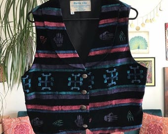 MARTHA ELLIS size L Handpainted Southwestern Black Velvet Vest Vintage Artisan