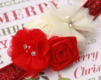 Holiday Flower Garden Headband with Red and Ivory Flowers - Baby Girl Christmas Headband for Parties, Pictures, and More!