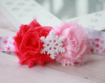 Pink Snowflake Baby Girl Headband - Hot Pink & Baby Pink Shabby Flower Hair Bow with Sparkly White Snowflake Charm - Pink Christmas Bows