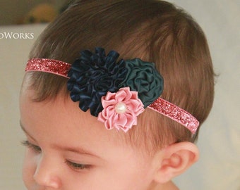 Navy Blue, Hunter Green & Mauve Pink Baby Girl Headband - Triple Satin Flower Hair Bow for Newborns, Toddlers and Girls - Baby Headbands