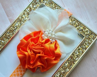 Vanilla Pumpkin Double Flower Headband for Babies, Toddlers, and Girls - Sweet Orange Halloween Bows