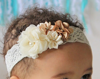 Natural Tan & Ivory Baby Flower Headband - Wedding, Christening, Special Occasion