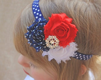 Red, White, and Navy Blue Polka Dot Baby Girl Headband - Summer July Style Flower Hair Bow for Babies, Toddlers, Girls