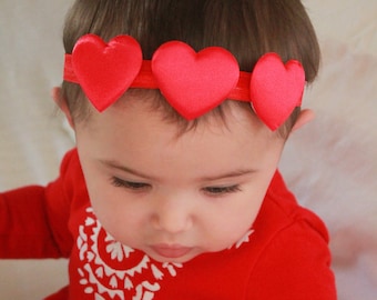 Red Heart Trio Girls Headband for Valentine's Day - Baby Girl, Toddler Heart Crown in Classic Red