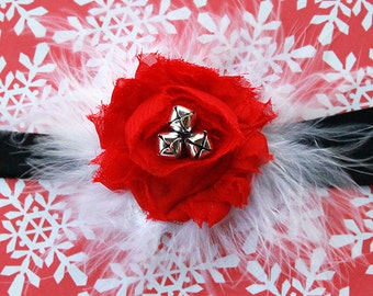 Sweet Santa Girl Jingle Bell Headband - Baby Girl Christmas Hair Bow in Red, Black & White with REAL Jingle Bells! - Christmas Headbands