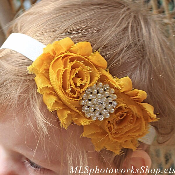 Ivory and Mustard Yellow Baby Headband - Vintage Mustard Yellow Shabby Chic Flower Hair Bow with Pearl Rhinestone Cluster