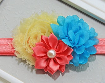 Fun and Bright Baby Girl Headband in Light Yellow, Turquoise, Coral Pink - Spring and Summer Hair Bows for Babies and Girls