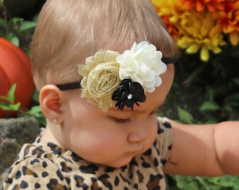 Ivory, Gold & Black Flower Headband - Baby Girl Christmas Hair Bow in Cream, Black and Shimmery Gold - Christmas and New Year's Eve Headband