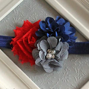 Dark Red, Navy Blue & Gray Chiffon Flower Headband - Winter and Christmas Multi Colored Baby Girl Hair Bow