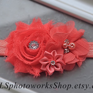 Soft & Shabby Shades of Coral Headband - Baby Girl Bold Coral Colored Hair Bow with Sparkly Accents - Coral Wedding Headband