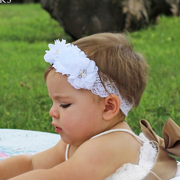 White Chiffon & Lace Flower Headband for Baby Girl - Wedding Flower Girl Hair Accessory - White Baby Girl Headband